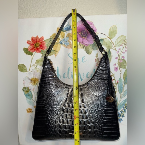 BRAHMIN Tabitha Black Crocodile-Embossed Hobo Bag with Glossy Finish - Picture 2 of 16